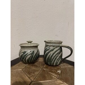 Studio Art Pottery Sugar and Creamer With Lid Dark Green Natural Speckled Signed